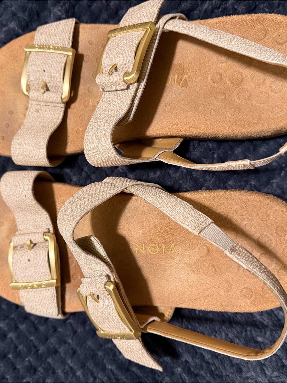 Vionic Beige Linen Buckle Sandals with Gold Accents